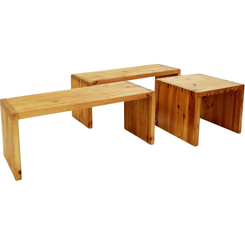 Set of 3 vintage solid pine side tables by Ate Van Apeldoorn for Houtwerk Hattem