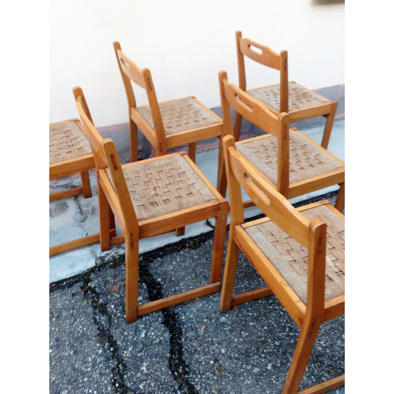 Lot de 6 chaises vintage en hêtre 1970