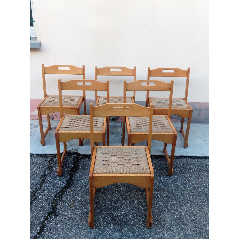 Lot de 6 chaises vintage en hêtre 1970