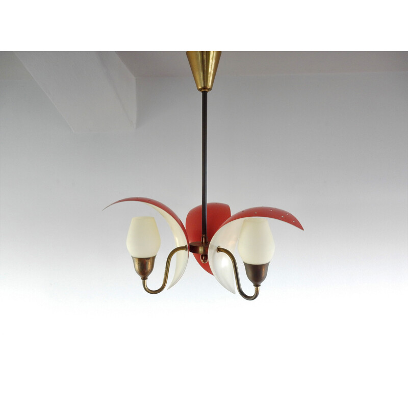 Vintage metal, glass and brass chandelier by Bent Karlby for Fog and Morup, 1950