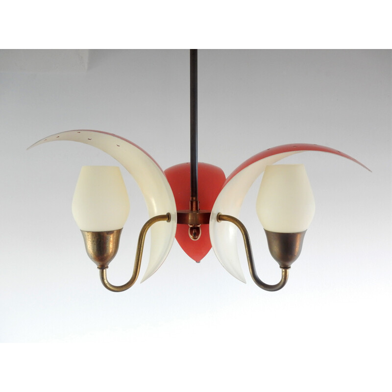 Vintage metal, glass and brass chandelier by Bent Karlby for Fog and Morup, 1950