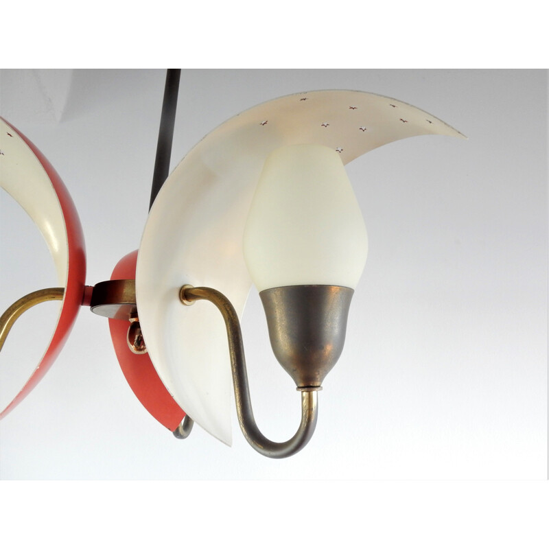 Vintage metal, glass and brass chandelier by Bent Karlby for Fog and Morup, 1950