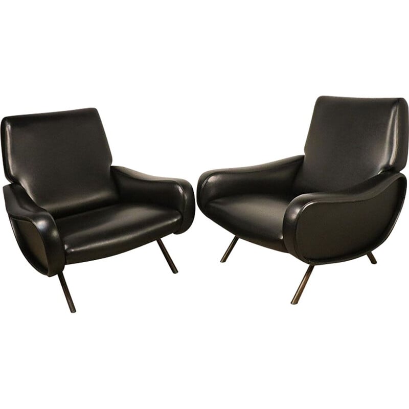 Pair of vintage Lady black leather armchairs, Marco Zanuso for Arflex 1950