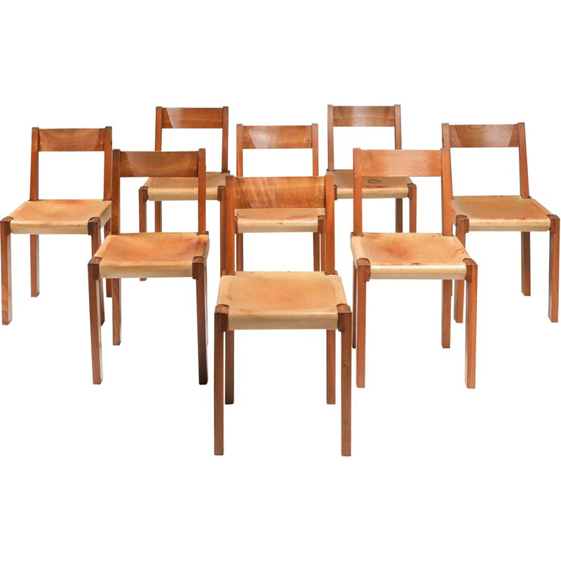 Lot de 8 chaises vintage de Pierre Chapo en orme massif et cuir naturel 1966