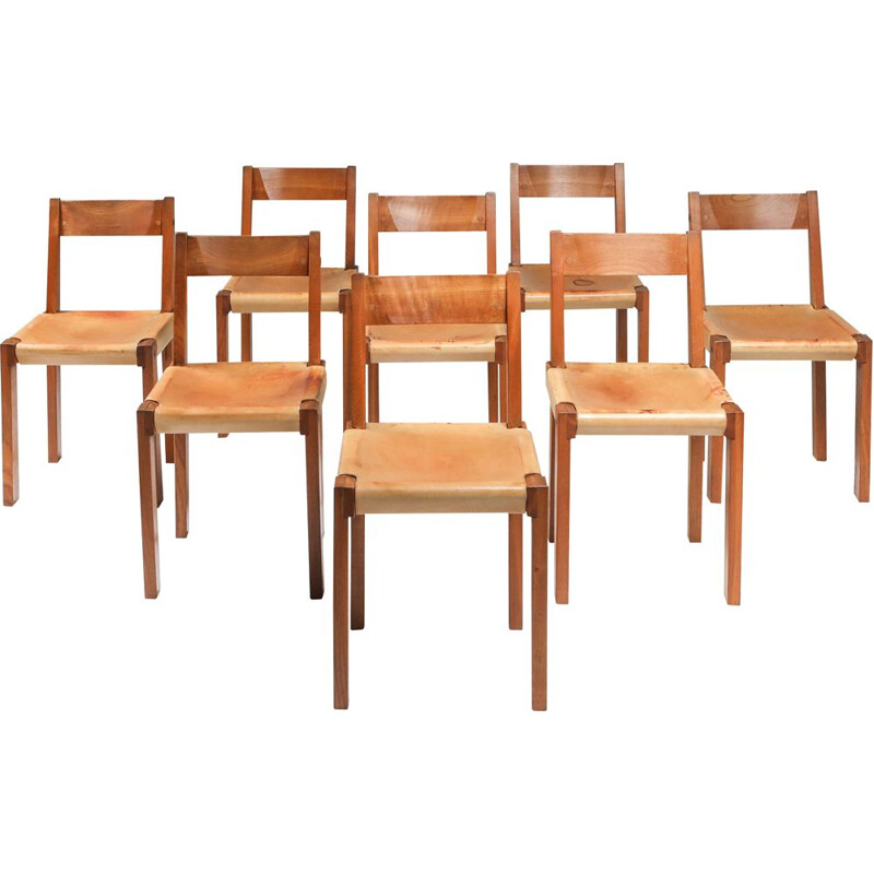 Set of 8 vintage Pierre Chapo Chairs in Solid Elm and Natural Leather 1966s