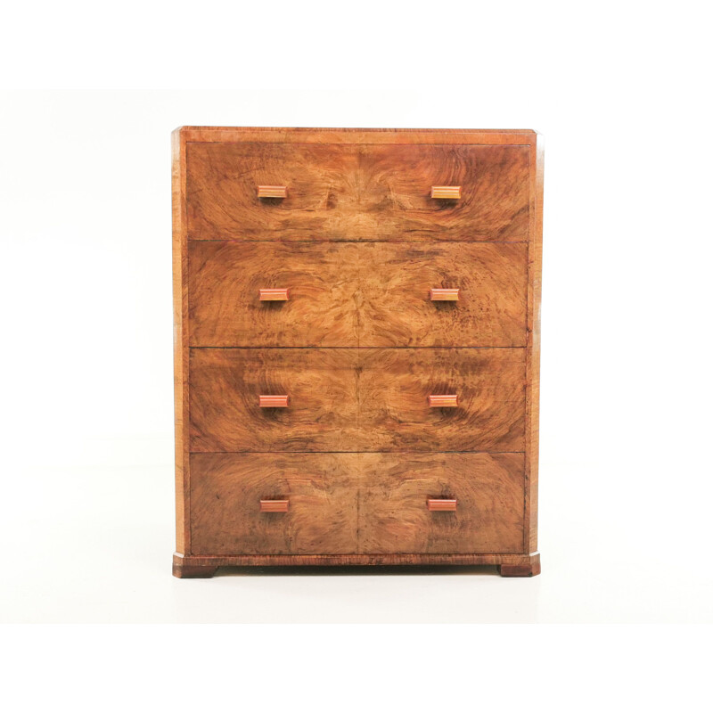 Vintage walnut and bakelite chest of drawers, Art Deco, British 1930s