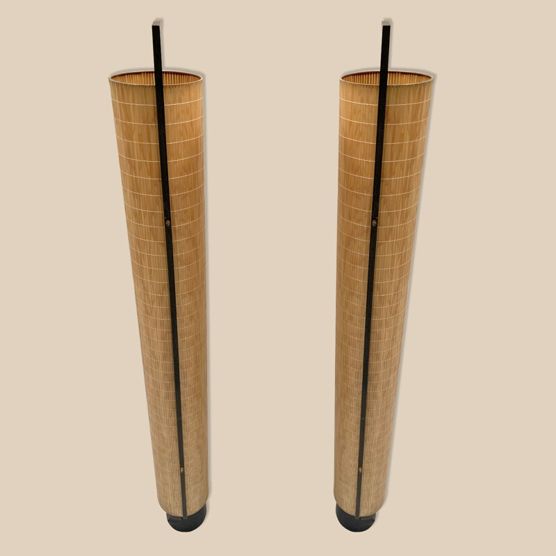 Pair of vintage lamp-posts with rattan lampshades Arlus 1960