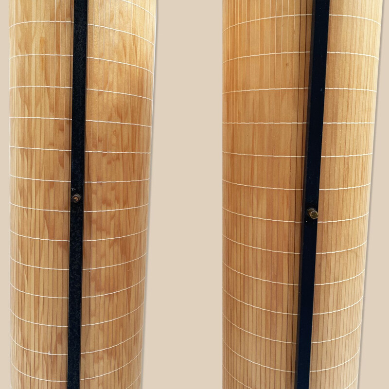 Pair of vintage lamp-posts with rattan lampshades Arlus 1960