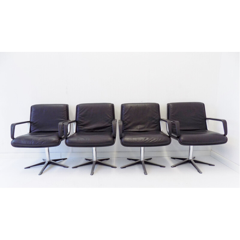 Lot of 4 vintage Wilkhahn Delta 2000 black leather chairs by Delta 1968