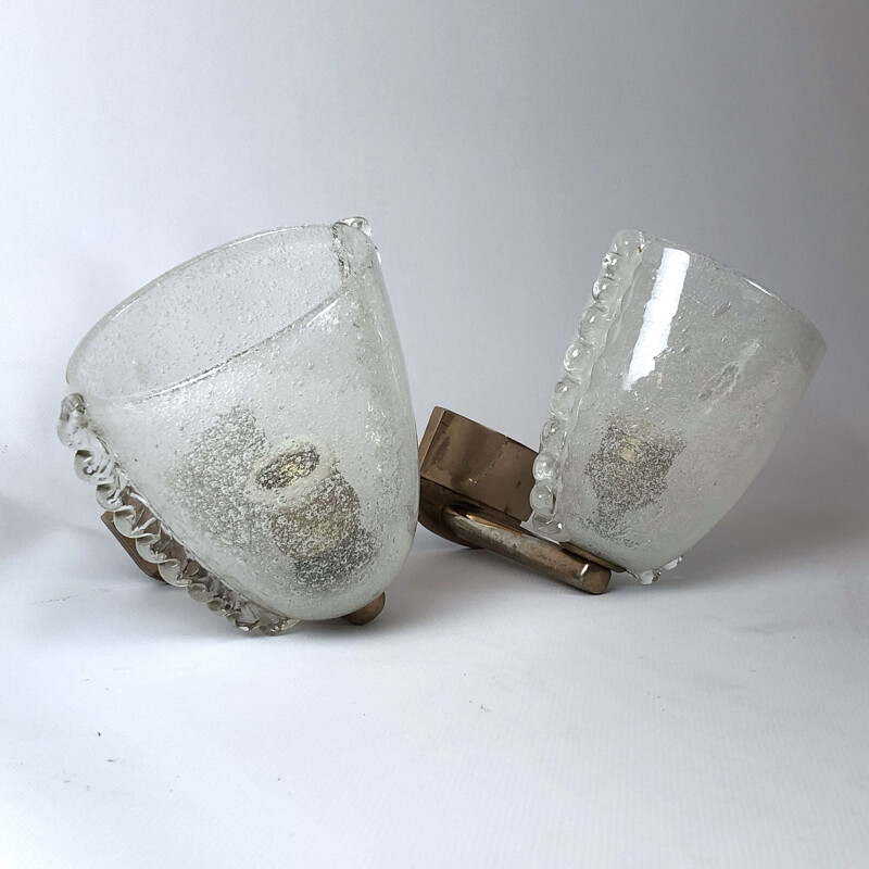 Paire d'appliques vintage en verre de Murano Pulegoso par Venini Italie 1940