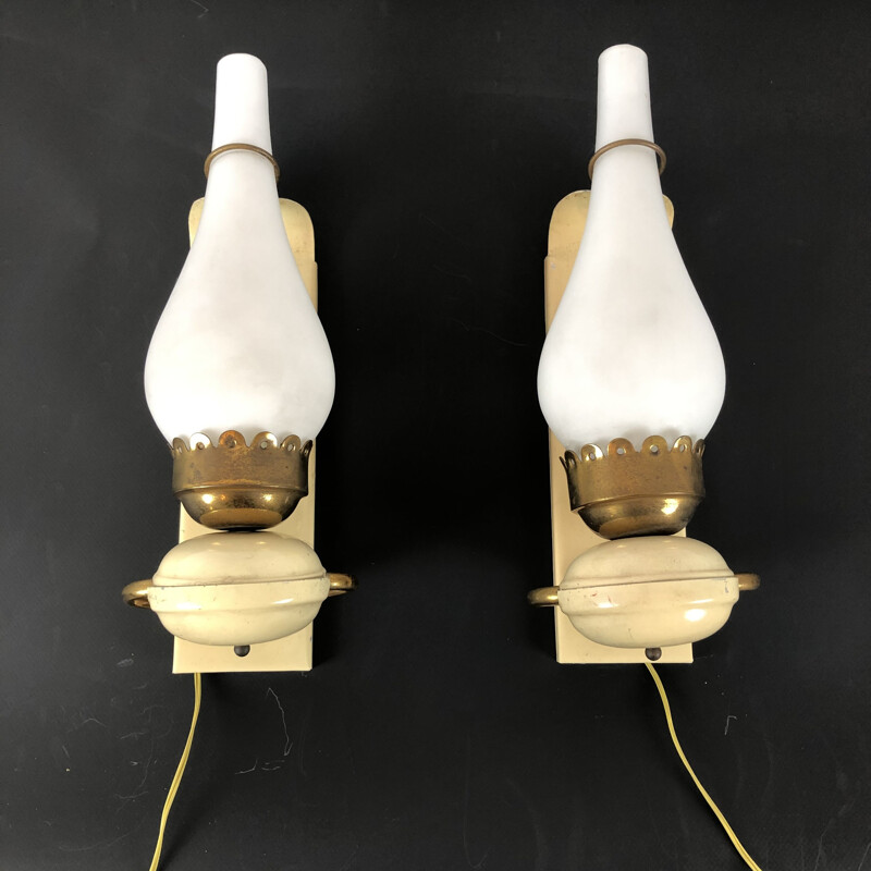 Pair of vintage brass lacquer and opaline glass sconces Italian 1950s