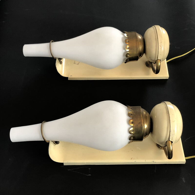 Pair of vintage brass lacquer and opaline glass sconces Italian 1950s