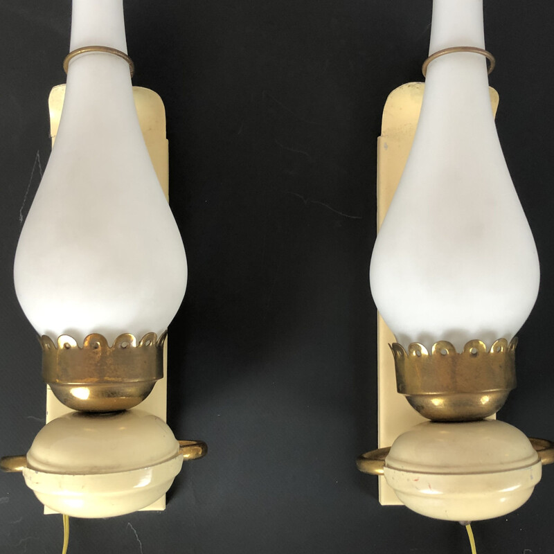 Pair of vintage brass lacquer and opaline glass sconces Italian 1950s