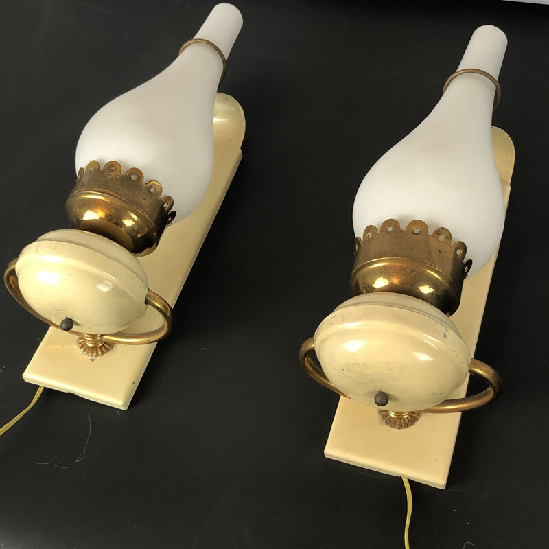 Pair of vintage brass lacquer and opaline glass sconces Italian 1950s