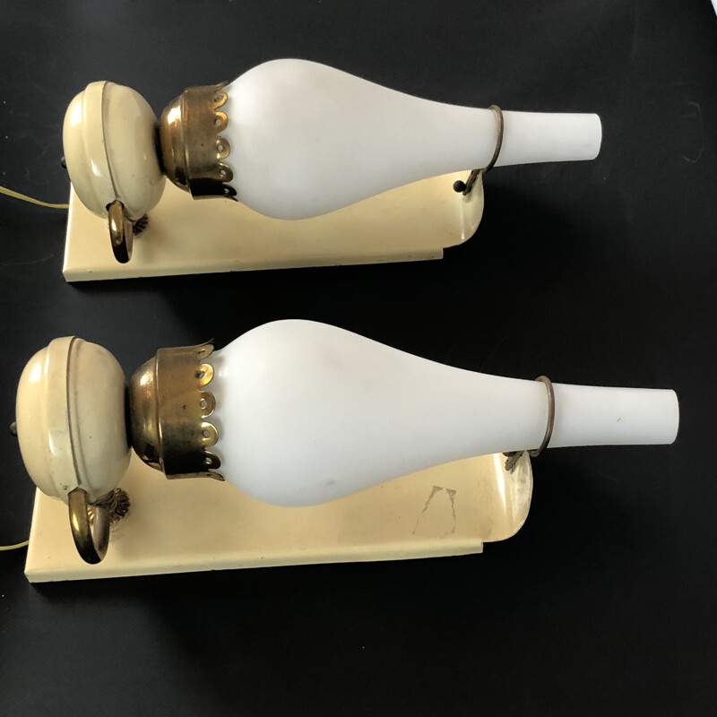 Pair of vintage brass lacquer and opaline glass sconces Italian 1950s