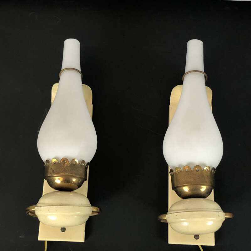 Pair of vintage brass lacquer and opaline glass sconces Italian 1950s