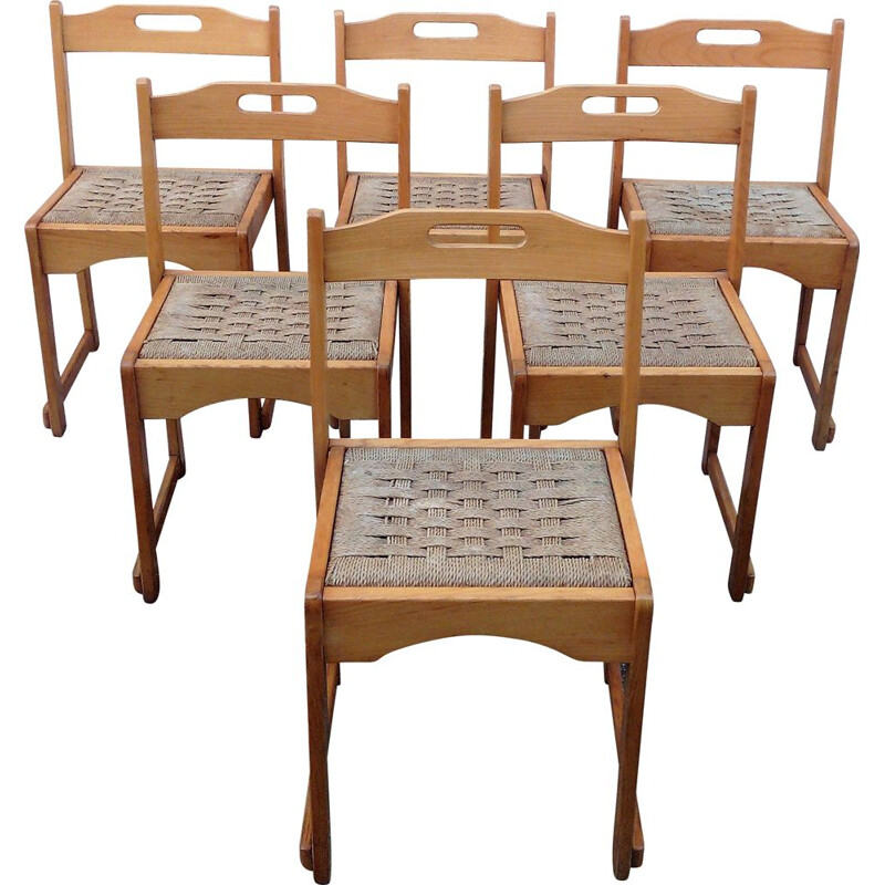 Set of 6 vintage beech chairs 1970s