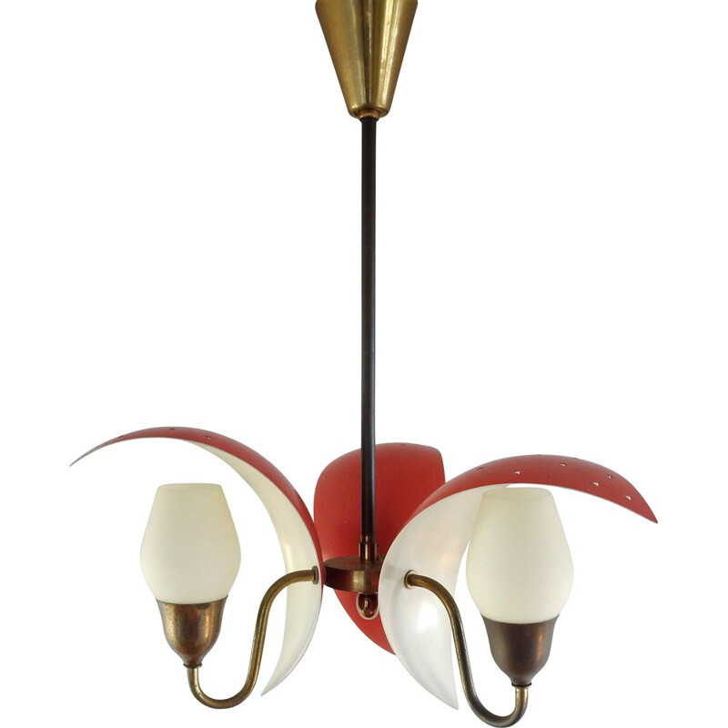 Vintage metal, glass and brass chandelier by Bent Karlby for Fog and Morup, 1950