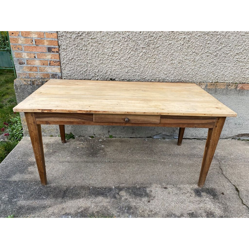 Vintage farm table in solid oak and white wood with 1 drawer