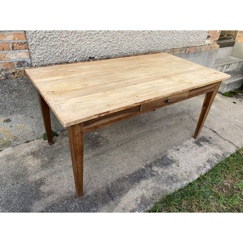 Table de ferme vintage en chêne massif et bois blanc avec 1 tiroir