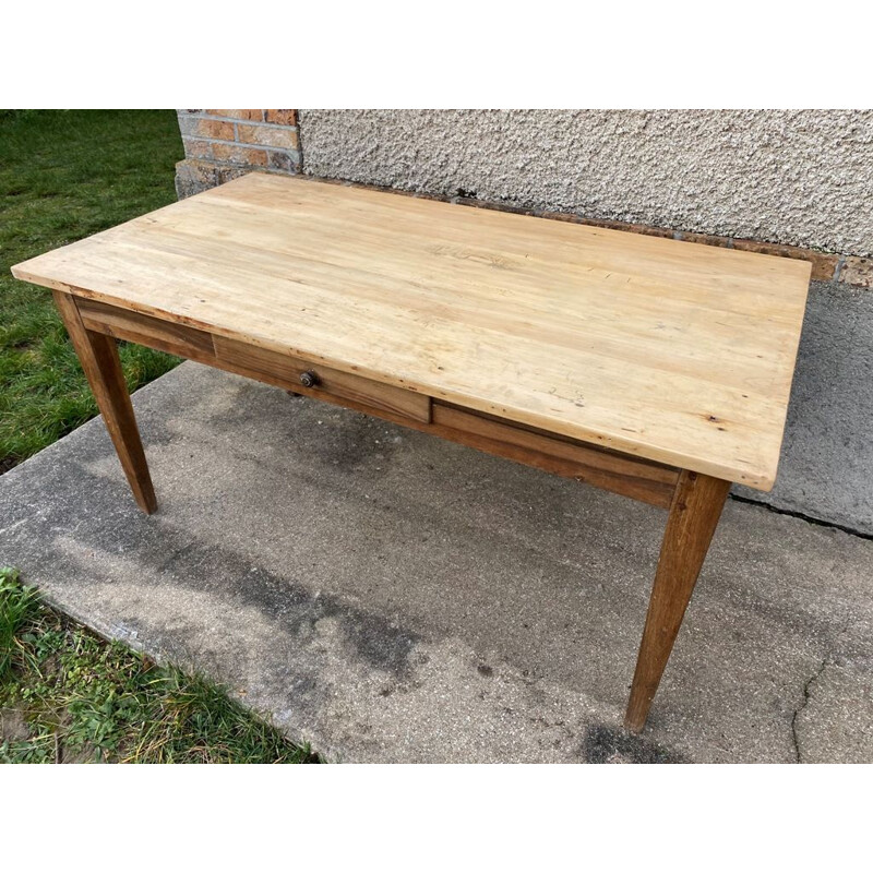 Vintage farm table in solid oak and white wood with 1 drawer