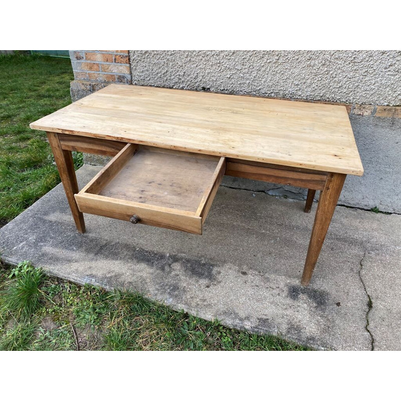 Vintage farm table in solid oak and white wood with 1 drawer