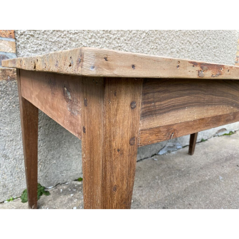 Table de ferme vintage en chêne massif et bois blanc avec 1 tiroir