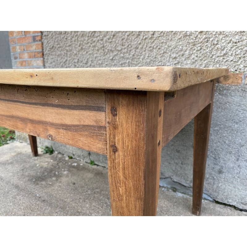 Table de ferme vintage en chêne massif et bois blanc avec 1 tiroir