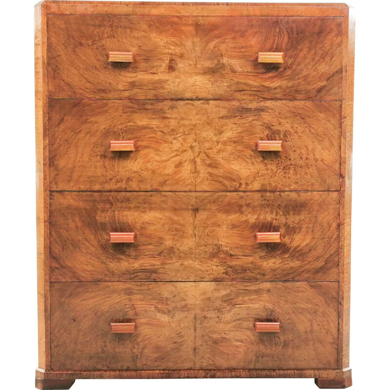 Vintage walnut and bakelite chest of drawers, Art Deco, British 1930s