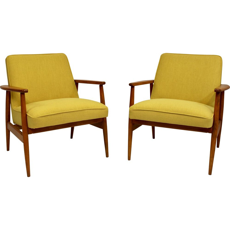 Pair of vintage yellow fabric armchairs by M. Zieliński 1960