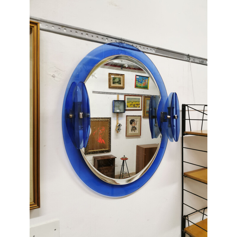 Vintage Veca Blue glass mirror with sconces Italy 1970s