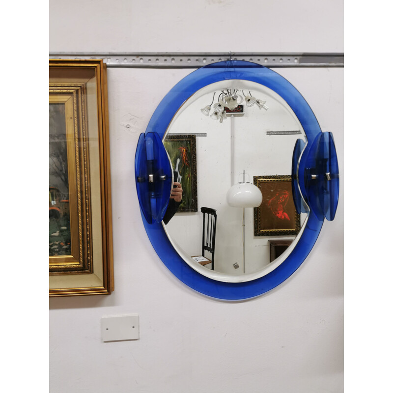 Vintage Veca Blue glass mirror with sconces Italy 1970s