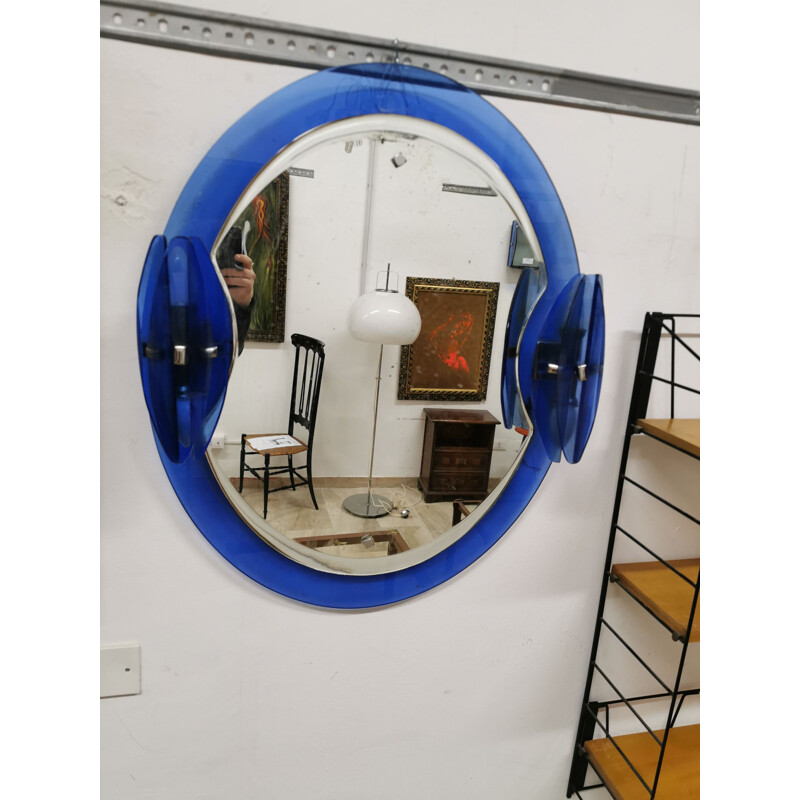 Vintage Veca Blue glass mirror with sconces Italy 1970s