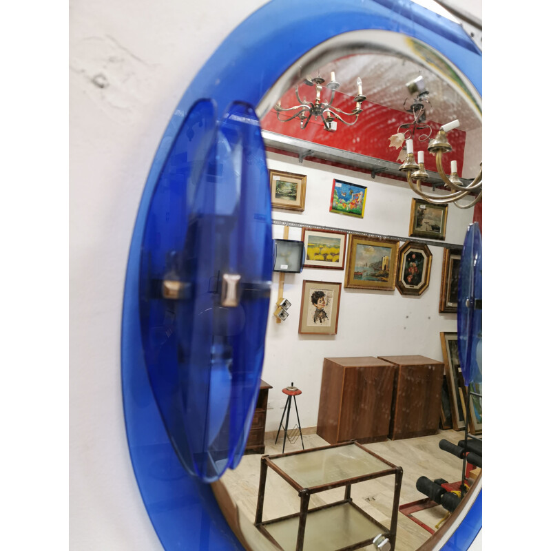 Vintage Veca Blue glass mirror with sconces Italy 1970s