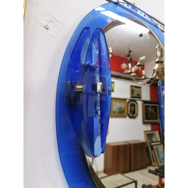 Vintage Veca Blue glass mirror with sconces Italy 1970s