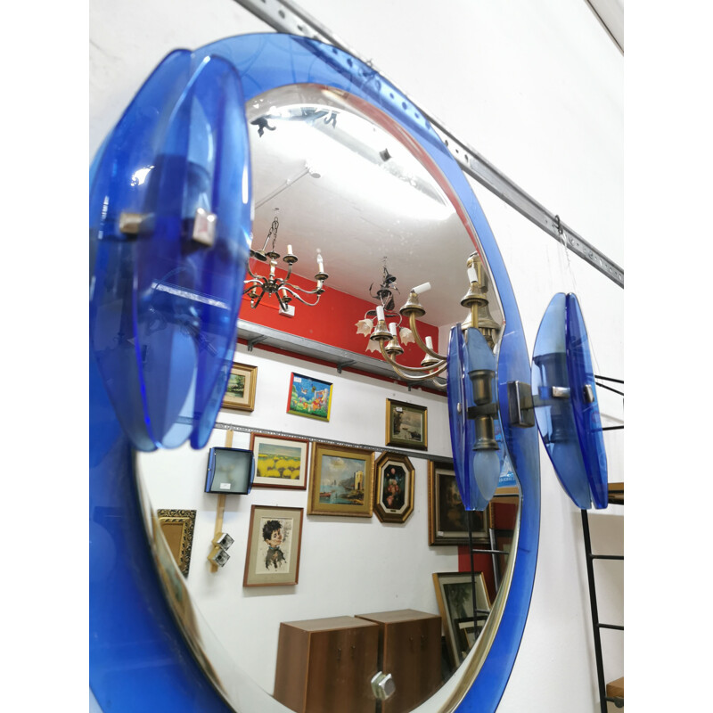 Vintage Veca Blue glass mirror with sconces Italy 1970s