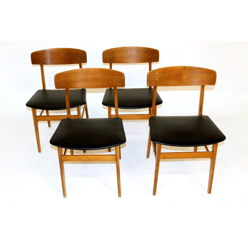 Juego de 4 sillas vintage de teca y haya Dinamarca 1960