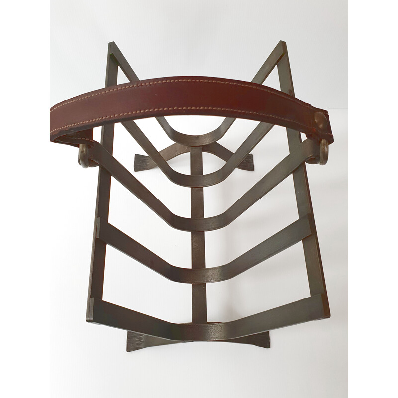 Vintage steel and leather magazine rack 1970s