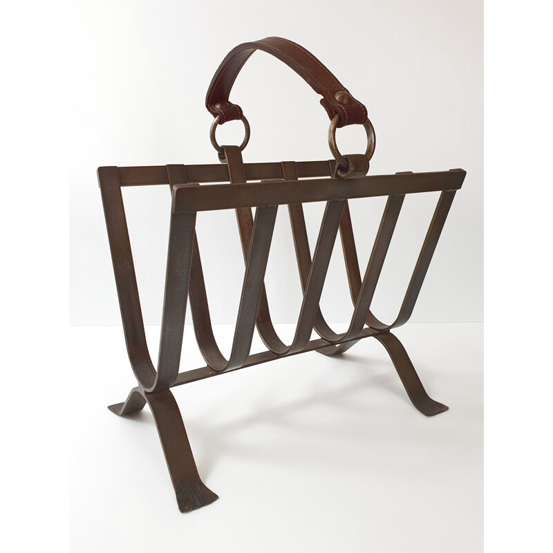 Vintage steel and leather magazine rack 1970s