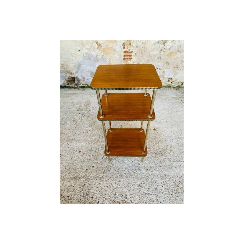 Vintage three-shelf teak and brass side table 1960s