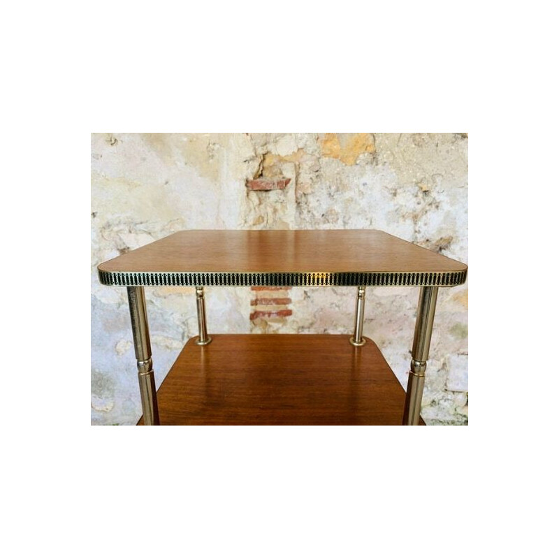 Vintage three-shelf teak and brass side table 1960s
