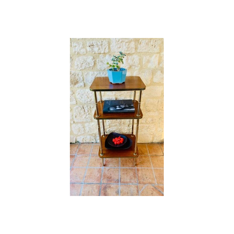 Vintage three-shelf teak and brass side table 1960s