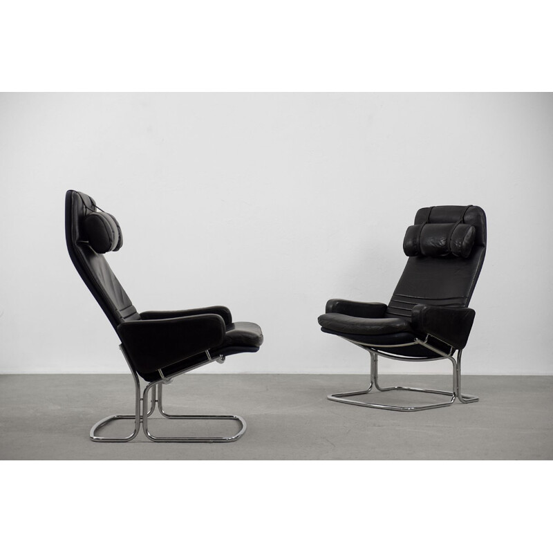 Paire de fauteuils vintage en cuir noir par Ire Möbel, Suède 1970