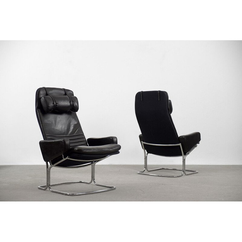 Paar vintage zwart lederen fauteuils van Ire Möbel, Zweden 1970