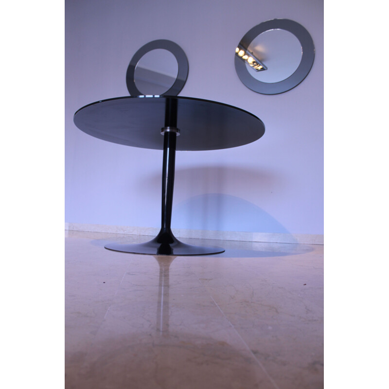 Mesa redonda vintage de cristal negro reflectante Calligaris Italia 1980