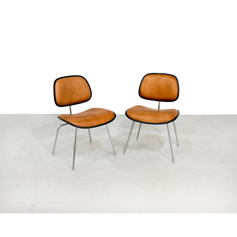 Pair of vintage Eames DCM chairs in leather Herman Miller Edition