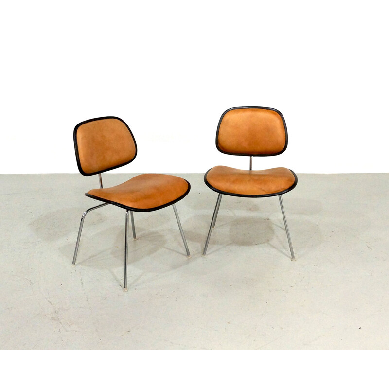 Pair of vintage Eames DCM chairs in leather Herman Miller Edition