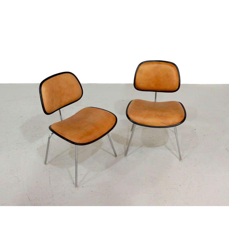 Pair of vintage Eames DCM chairs in leather Herman Miller Edition