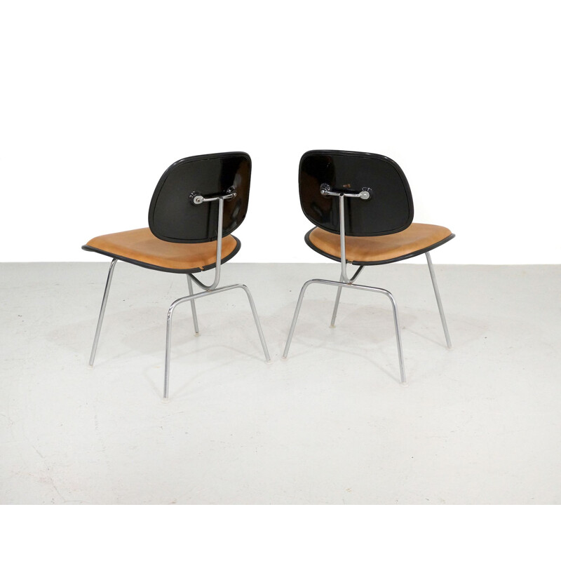 Pair of vintage Eames DCM chairs in leather Herman Miller Edition