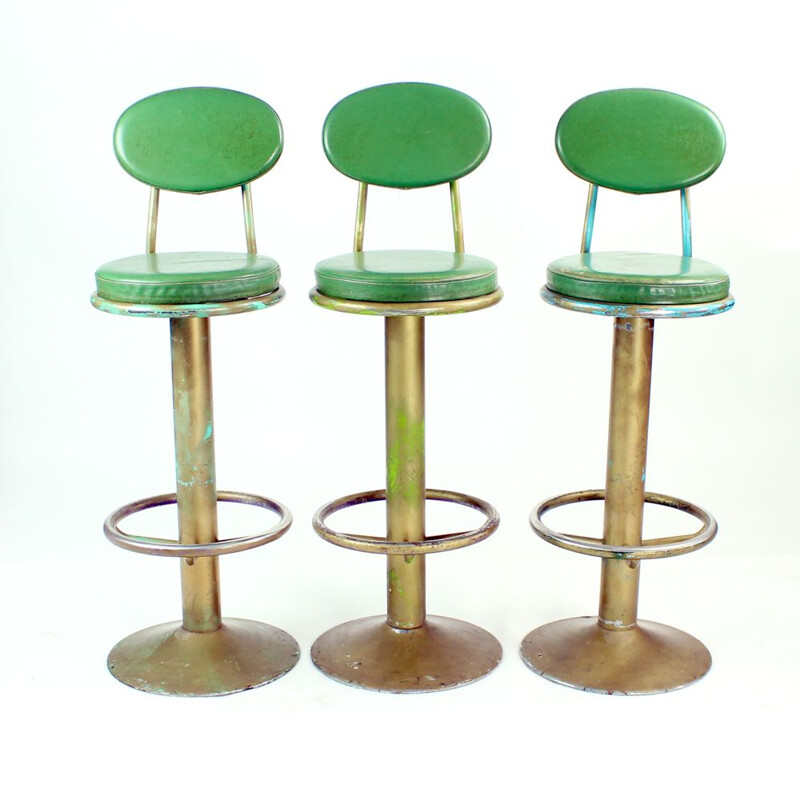 Lot de 3 tabourets de bar vintage en métal et cuir Tchécoslovaquie 1950